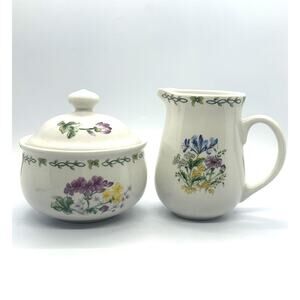 Thomson Pottery Floral Garden Creamer Pitcher And Sugar Bowl Set